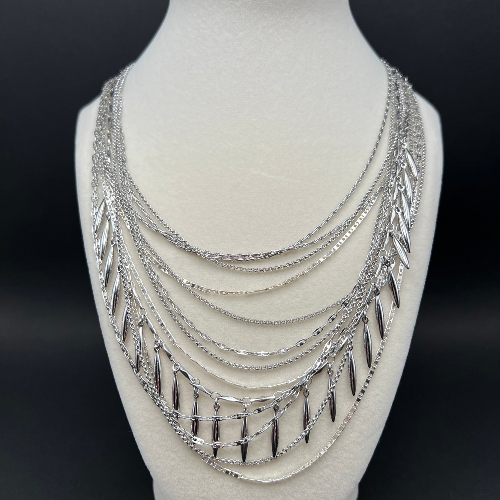 Stella & Dot Fringe Necklace Silver Tone‎ Lindsey Layering Multi-Strand